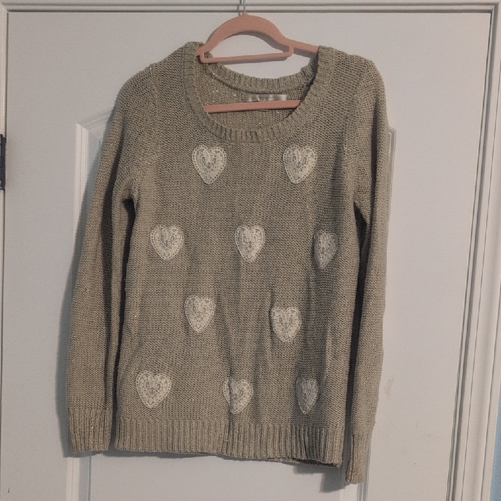 LC Lauren Conrad Cream Crew Neck Sweater with Heart Pattern